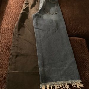 Two pair of wide legged above ankle jeans a multi color crop top will meet jeans